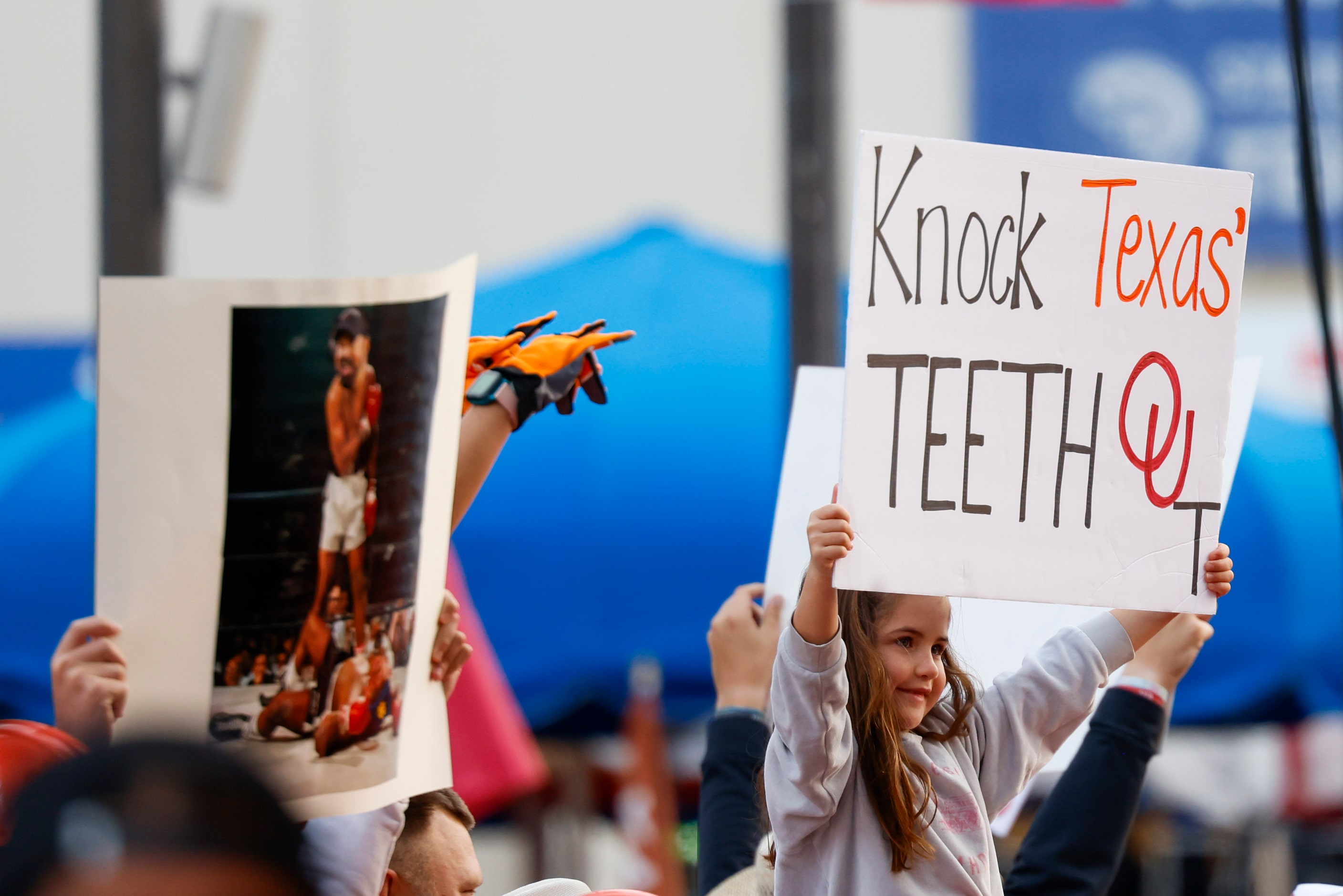 Fans gather ahead of the Red River Showdown outside of the Cotton Bowl for ESPN Game Day, on...