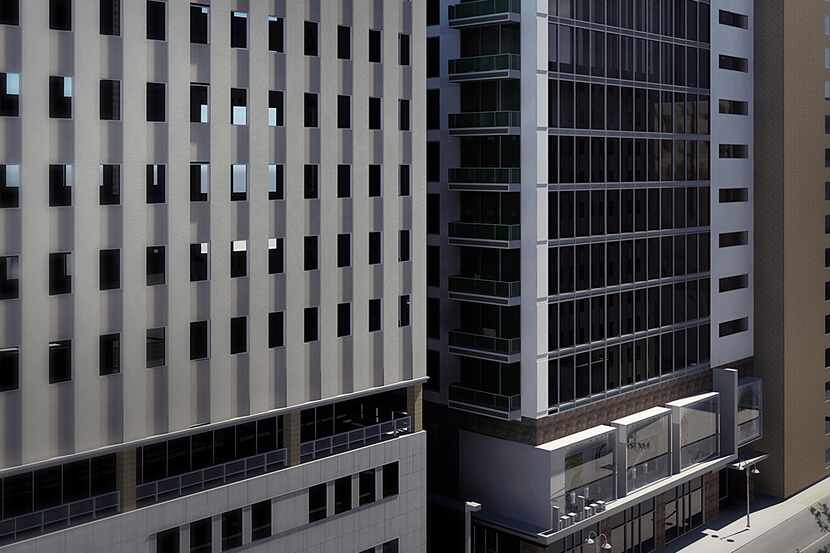 A design by Merriman Associates Architects calls for turning the empty 1712 Commerce tower...