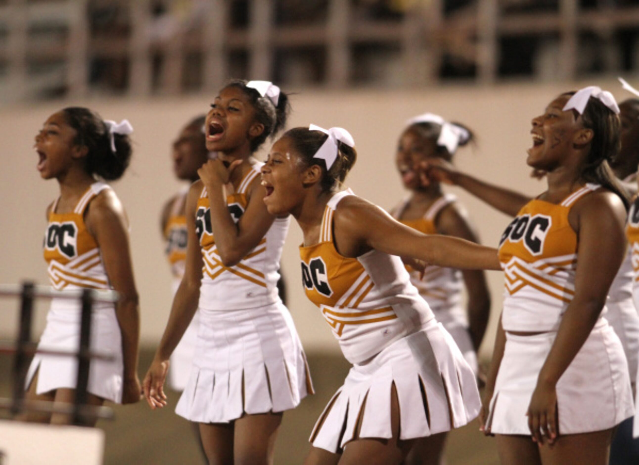 Members of the South Oak Cliff Golden Bears varsity cheerleading squad cheer for their team...