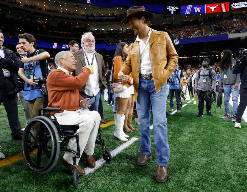 Texas Governor Greg Abbott (left) visits with actor Matthew McConaughey before the Sugar...
