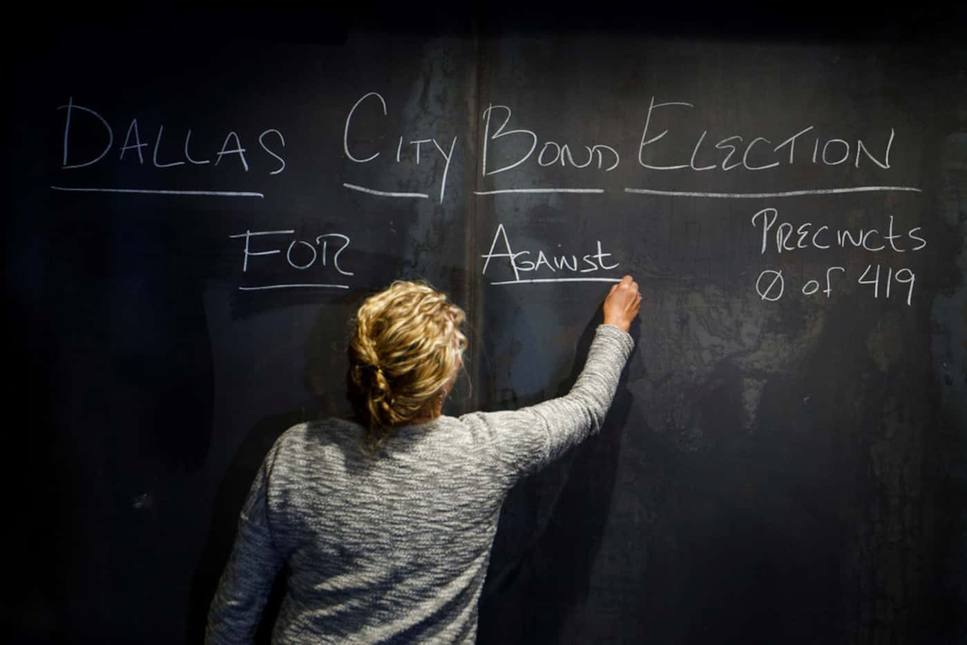 Laura Reed posts early voting results on a chalkboard during a  Dallas bond campaign...