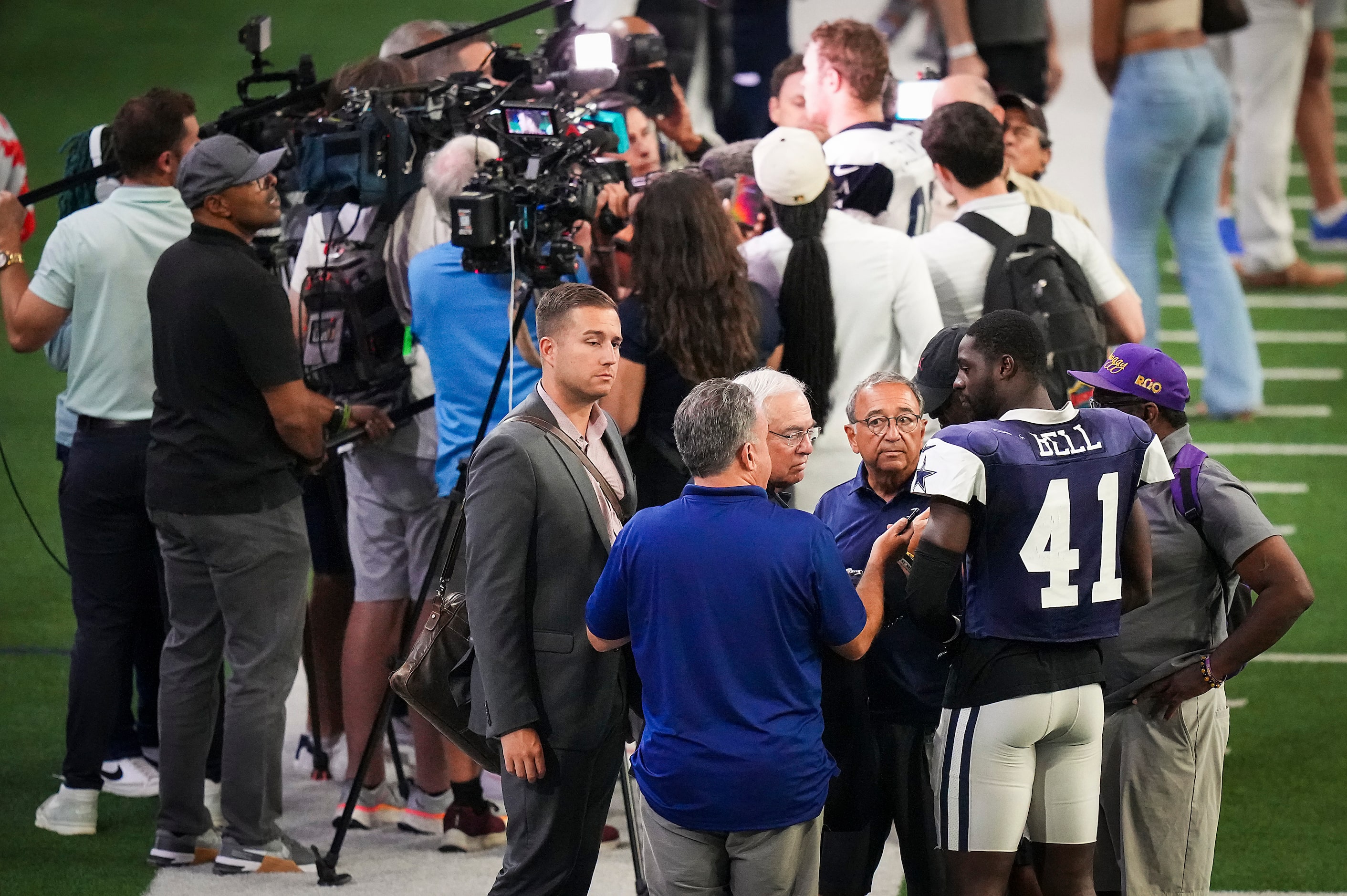 Dallas Cowboys defensive back Markquese Bell (41) is interviewed after the team’s first...