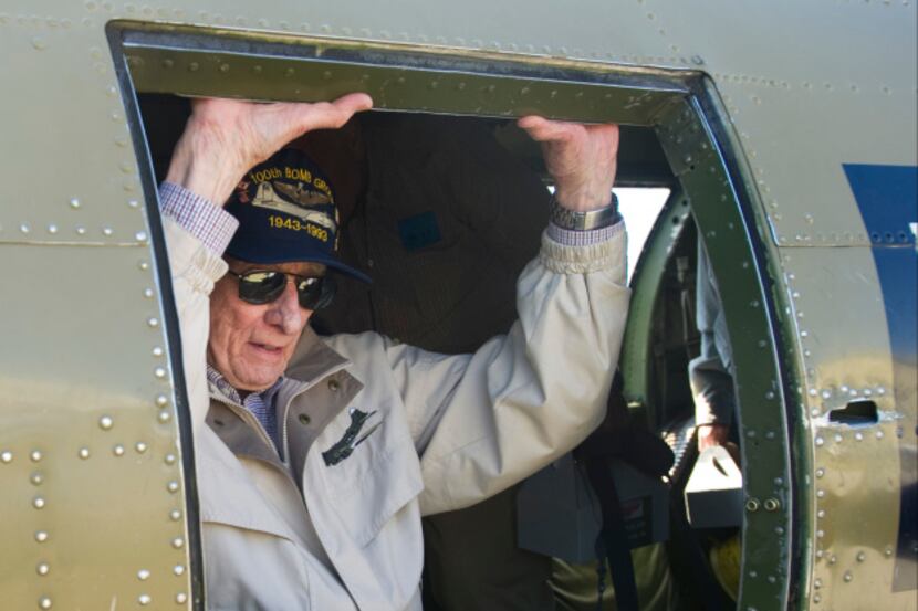 “First time back in one in 68 years,” said John “Lucky” Luckadoo, climbing out of a B-17...