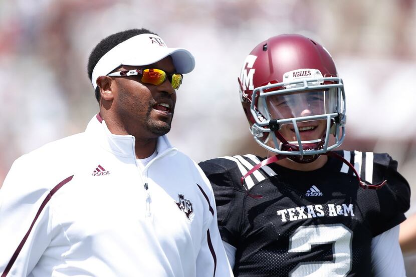 COLLEGE STATION, TX - APRIL 13:  Head coach Kevin Sumlin of the Texas A&M Aggies chats with...