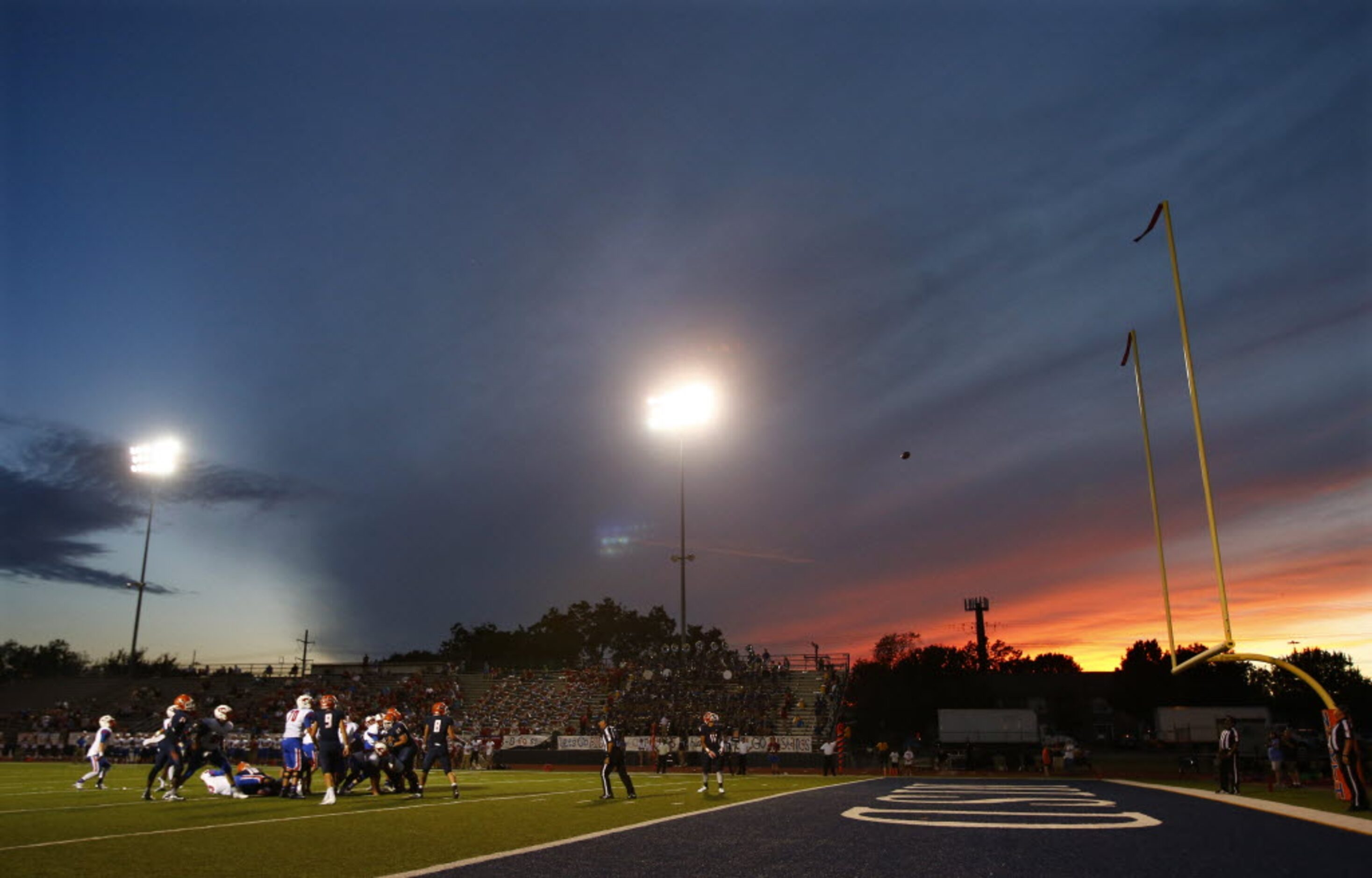 TXHSFB Richardson Pearce kicks a field goal against McKinney North in the first half of...