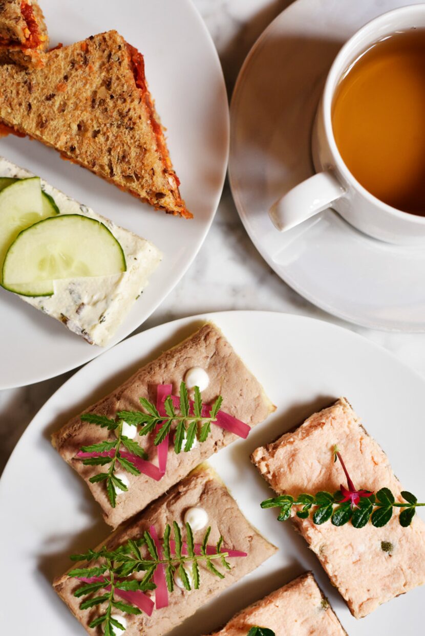 Sandwiches of ratatouille and Devonshire cheddar, and cucumber with cream cheese, mint and...