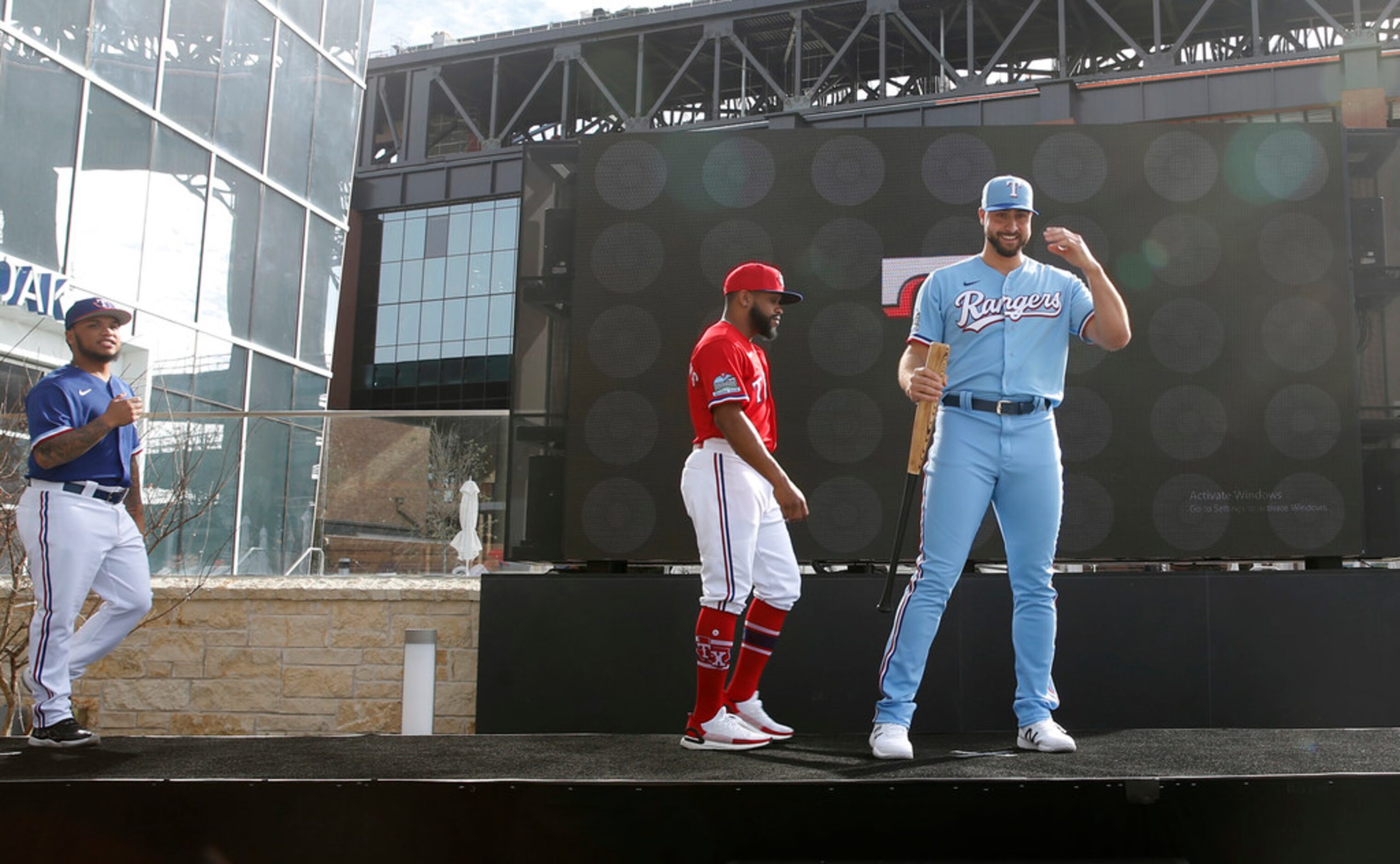 Texas Rangers Joey Gallo (right), Delino DeShields (center) and Willie Calhoun (left) on...