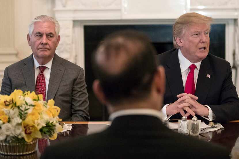 President Donald Trump, joined by Secretary of State Rex Tillerson, spoke during a luncheon...