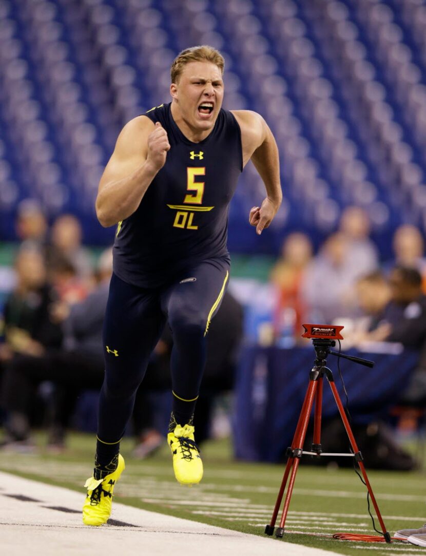 Utah offensive lineman Garett Bolles runs the 40-yard dash at the NFL football scouting...