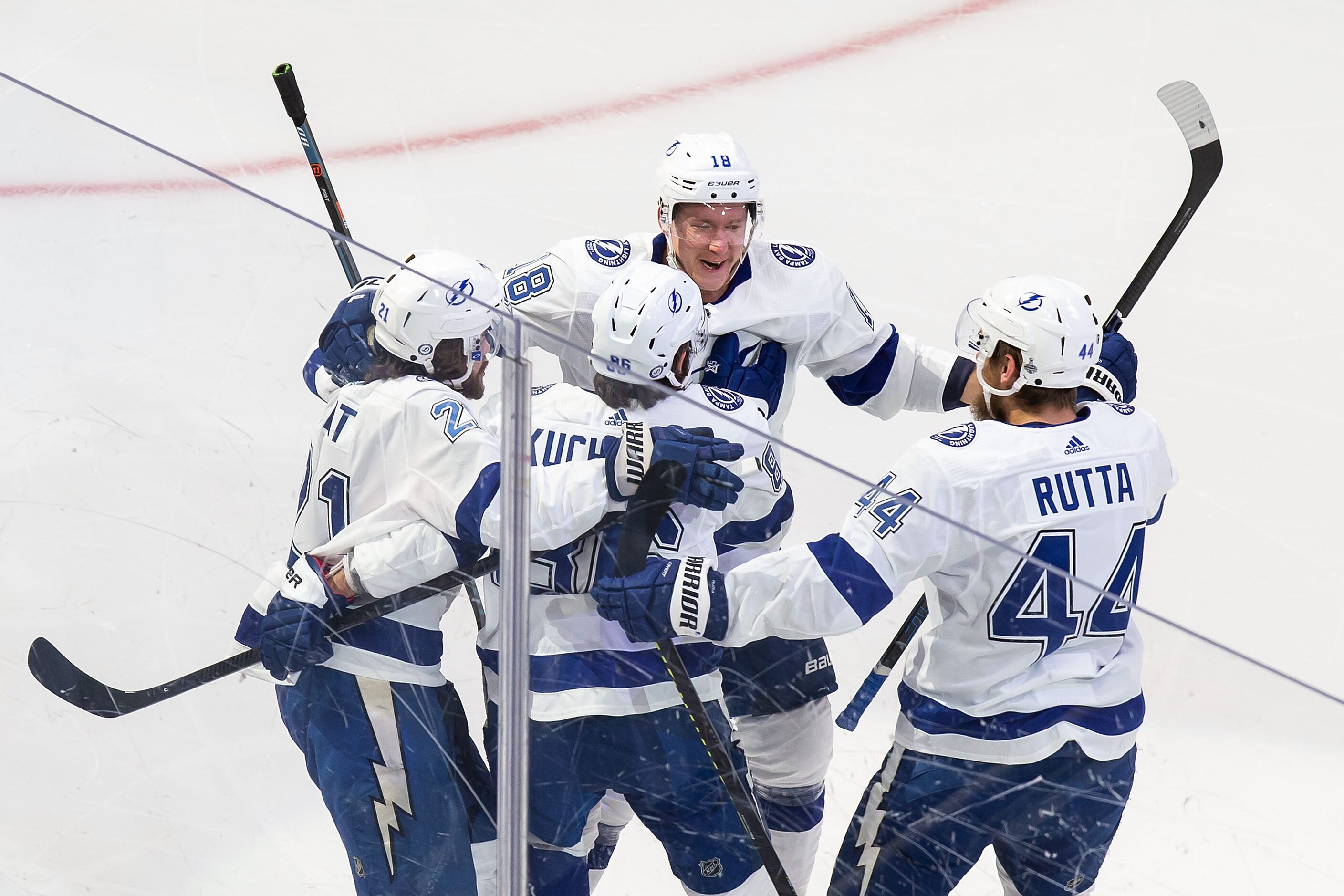 Brayden Point (21), Nikita Kucherov (86), Ondrej Palat (18), and Jan Rutta (44) of the Tampa...