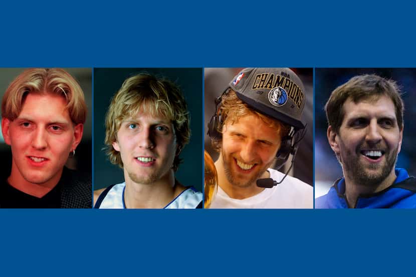 Dirk Nowitzki in 1998 (far left), 2001 (middle left), 2011 (middle right) and 2019 (far right).