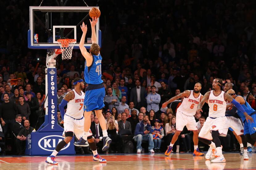 Feb 24, 2014; New York, NY, USA;  Dallas Mavericks power forward Dirk Nowitzki (41) shoots...