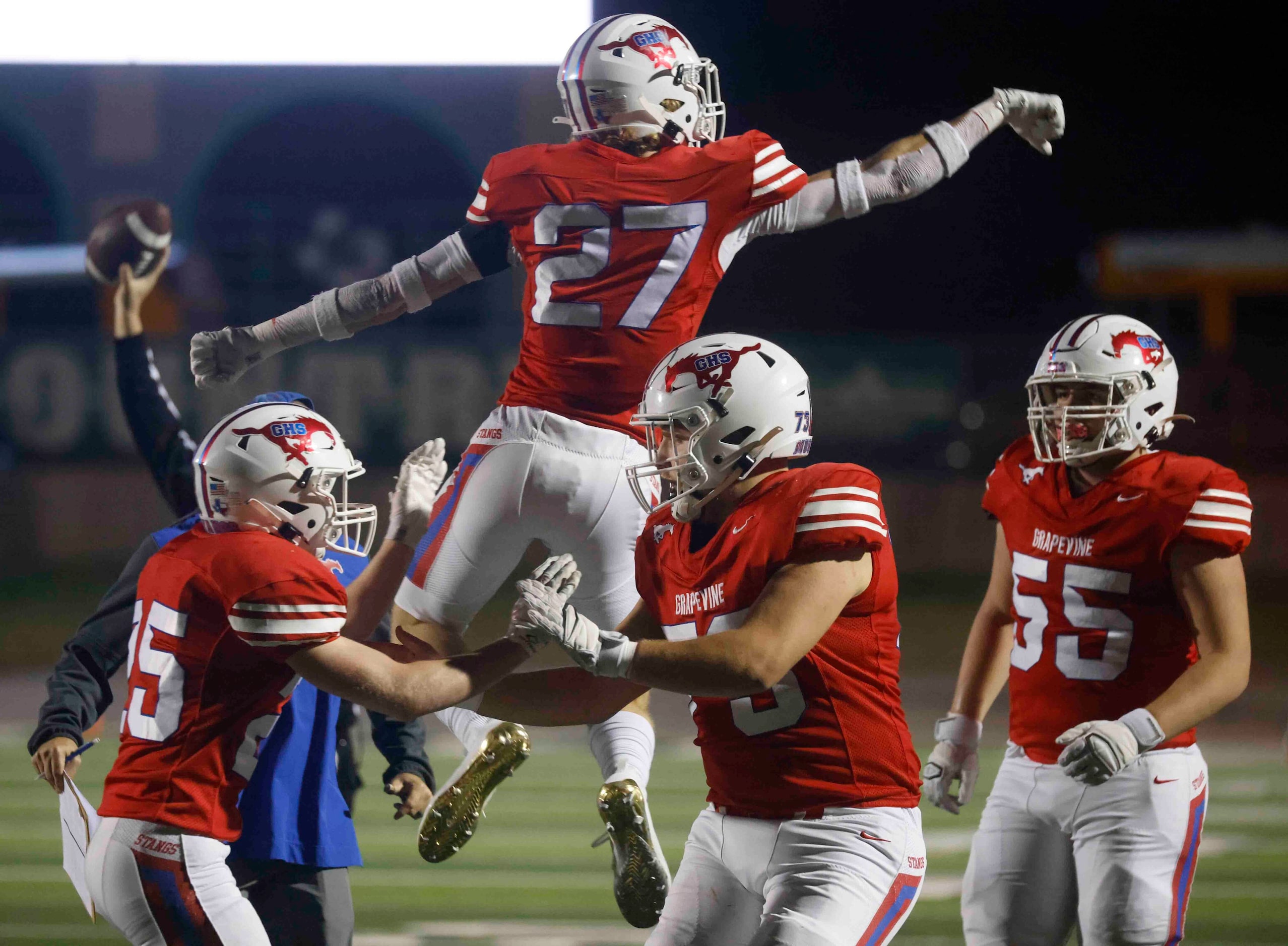 Grapevine High’s Drew Nelson (27) celebrates a pass intercept against Argyle High during the...