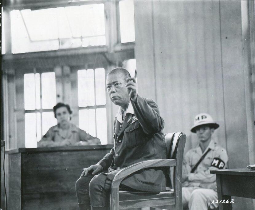 Gen. Tomoyuki Yamashita testifies in his defense in a packed Manila courtroom  on Nov. 28,...
