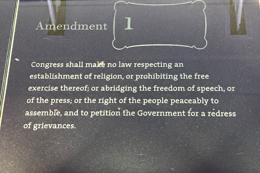The First Amendment plaque at the National Constitution Center in Philadelphia.
