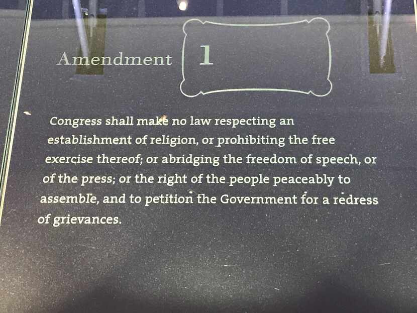 The First Amendment plaque at the National Constitution Center in Philadelphia.