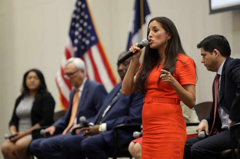 Cristina Tzintzun Ramirez speaks during a Democratic Senate candidate debate at the Collin...