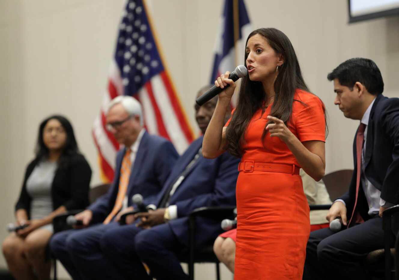 Cristina Tzintzun Ramirez speaks during a Democratic Senate candidate debate at the Collin...