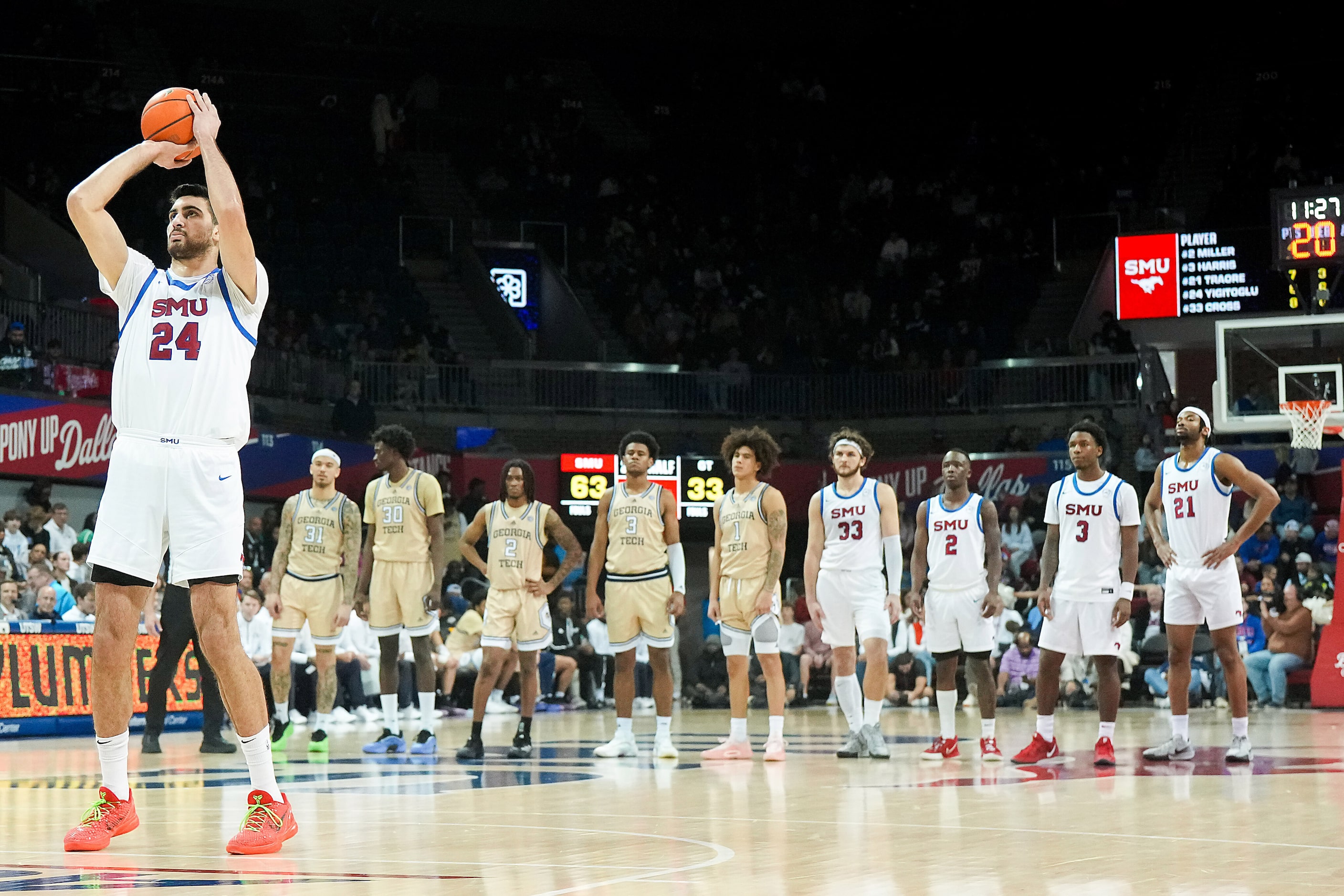 SMU center Samet Yigitoglu shoots a free throw during the second half of an NCAA men’s...