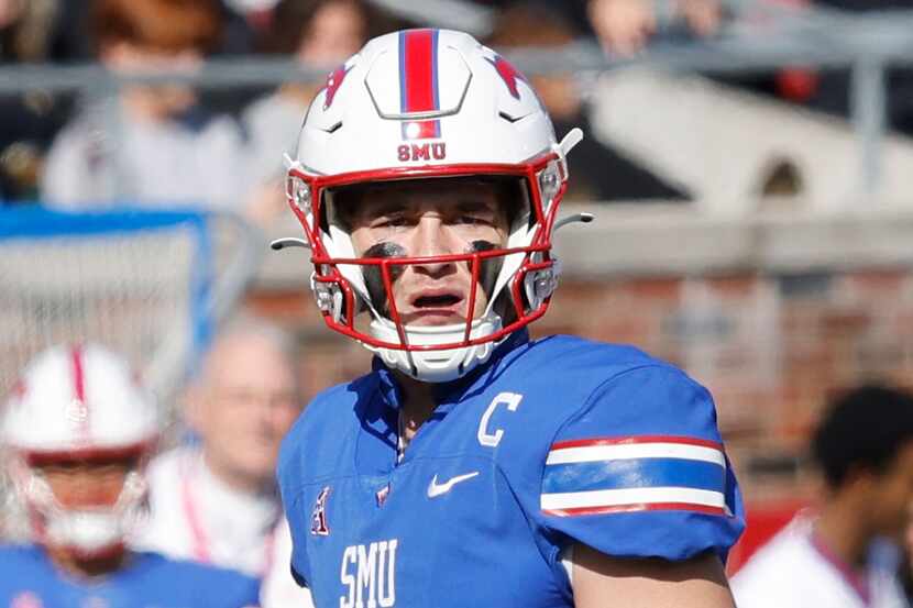 SMU quarterback Preston Stone (2) looks to throw the ball during the first half of an NCAA...