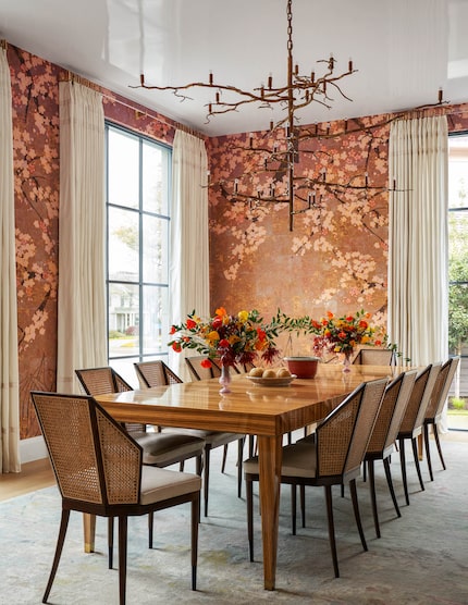 An Elitis wallcovering is the star of the show in this dining room designed by Mary Bath...