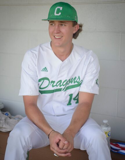 Soiuthlake Carroll pitcher Griffin Herring at Southlake Carroll H.S. baseball dugout in...