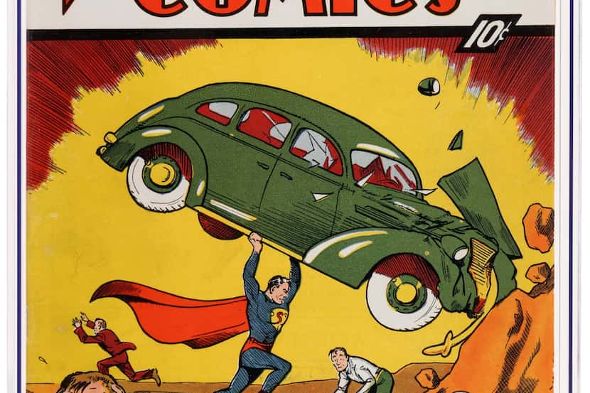 A photo of the cover of Action Comics No. 1, which shows the first appearance of Superman in...