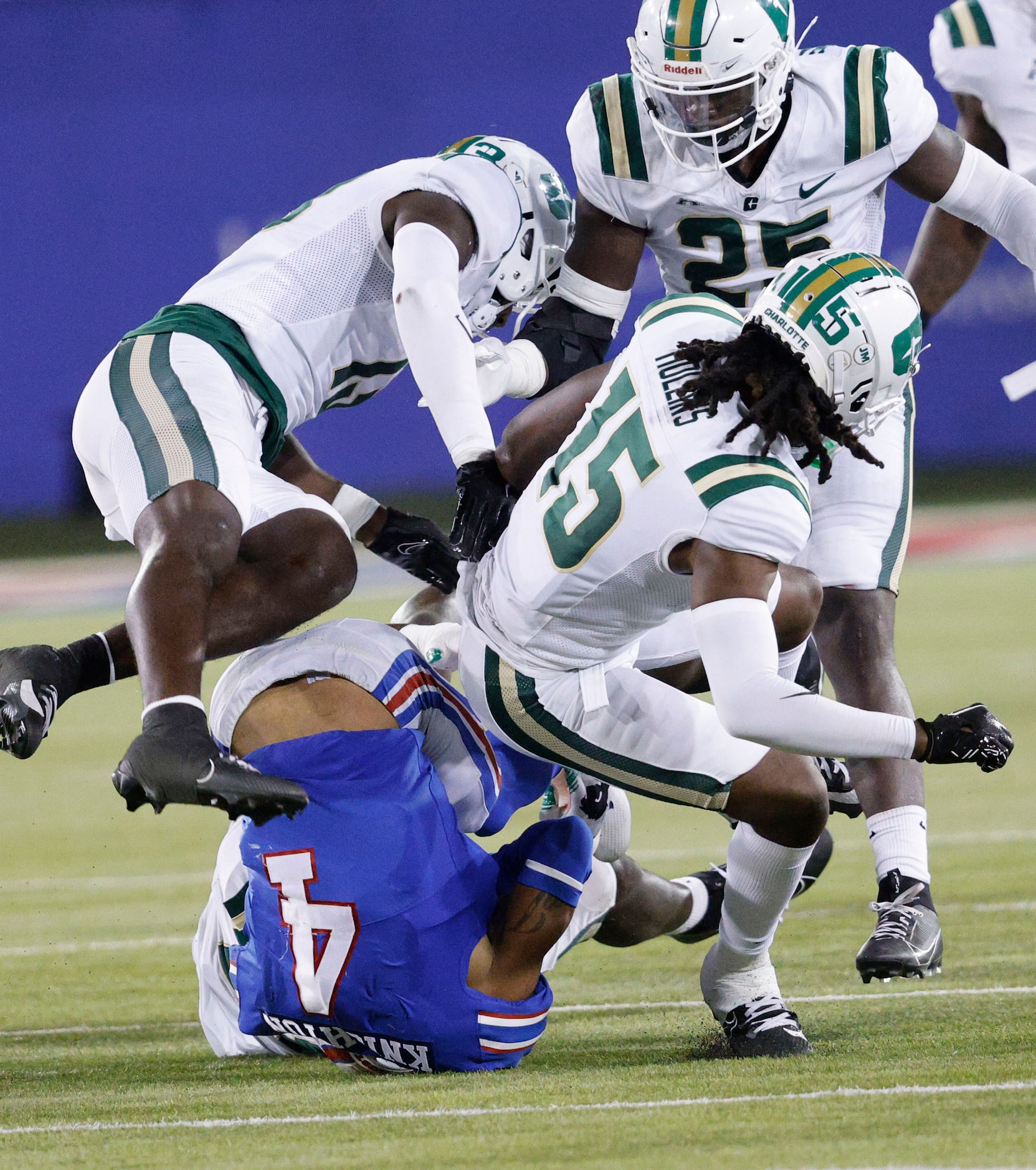 Charlotte 49ers defensive back Isaiah Hazel (13) and Charlotte 49ers defensive back DeAndre...