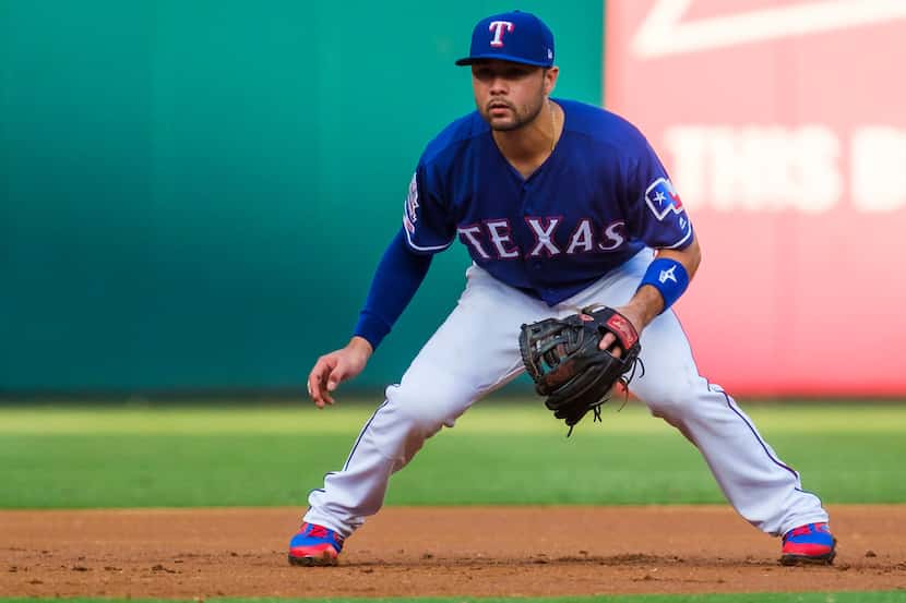 Texas Rangers third baseman Isiah Kiner-Falefa prepares for a pitch during the first inning...