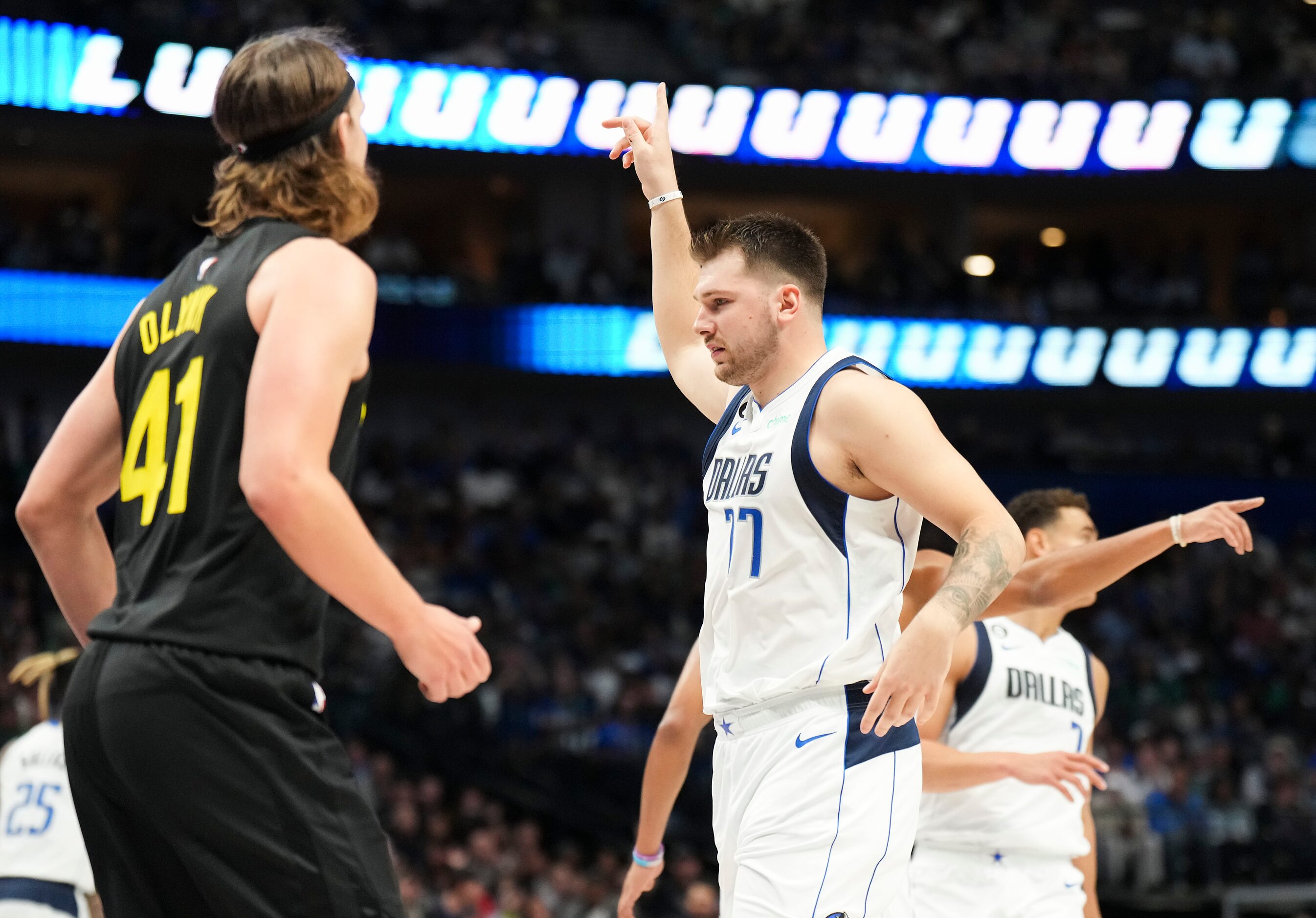 Dallas Mavericks guard Luka Doncic (77) celebrates after hitting a 3-pointer during the...