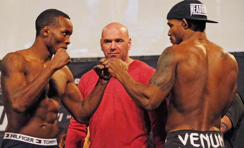 Welterweight Sean Spencer, left poses with opponent Alex Garcia, right,  poses during UFC...