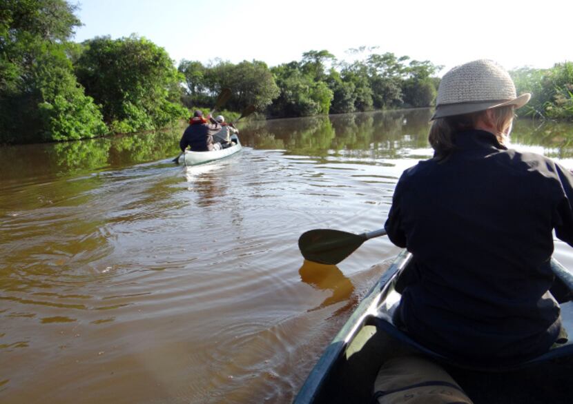 Guests and game rangers paddle the Mzinene River in the Phinda Private Game Reserve.
