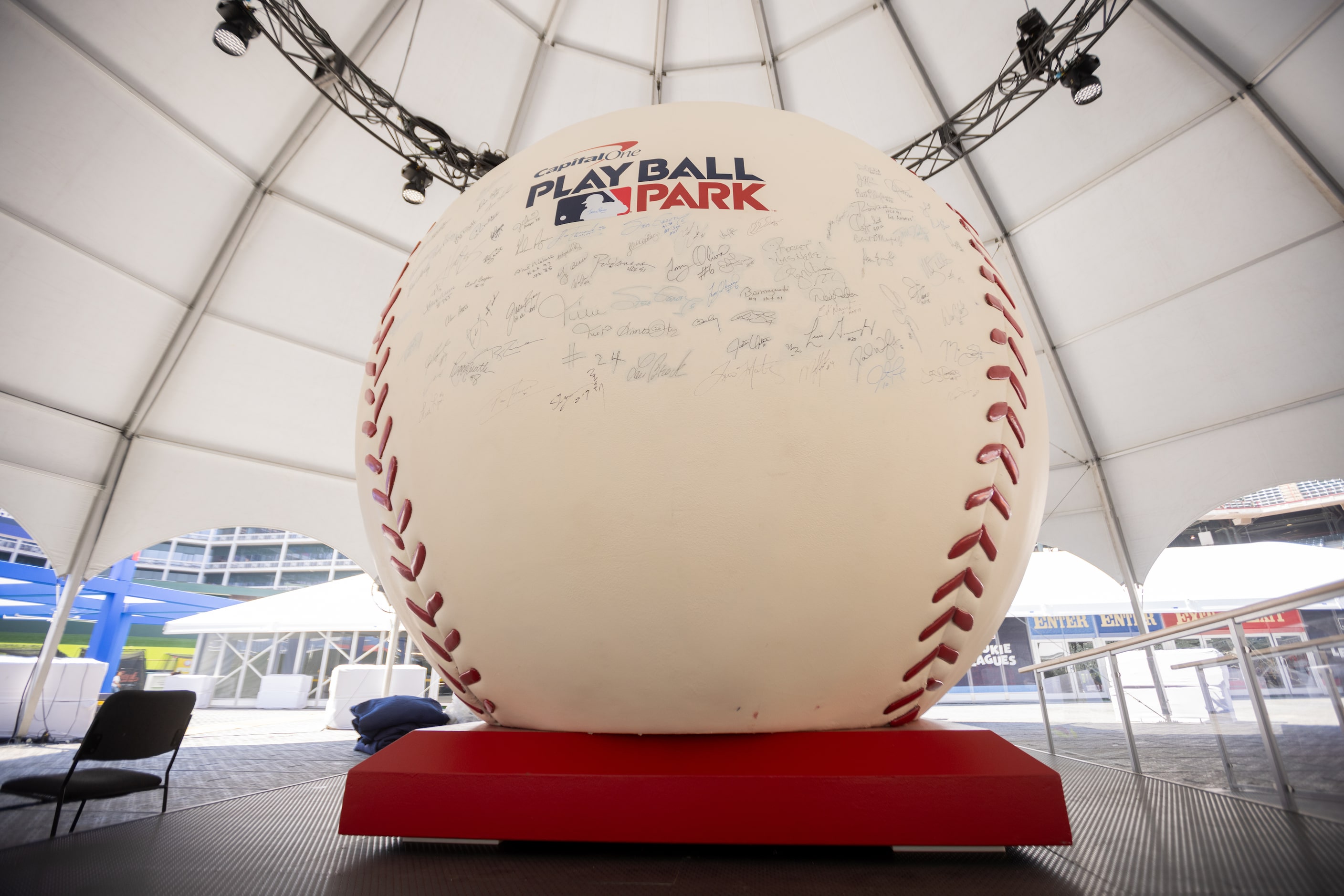 The World’s Largest Baseball, which features autographs from Hall of Famers across...