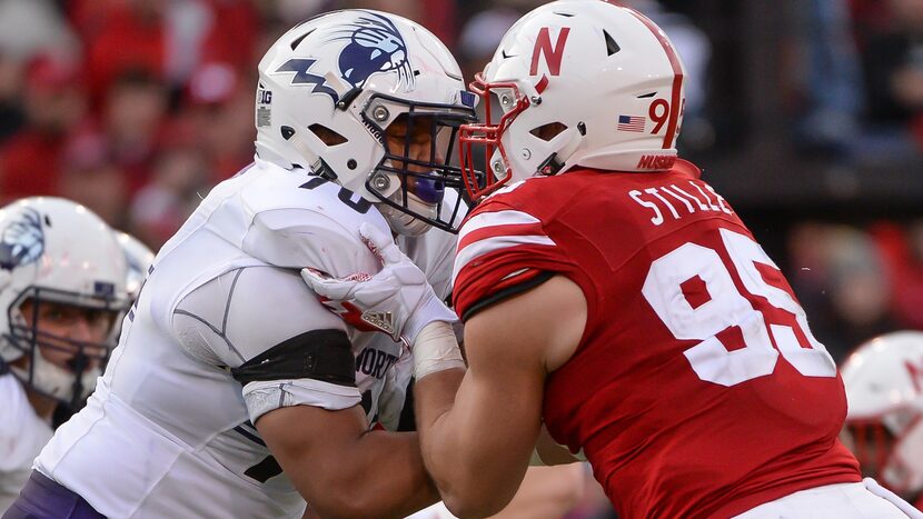 LINCOLN, NE - NOVEMBER 04: Offensive lineman Rashawn Slater #70 of the Northwestern Wildcats...