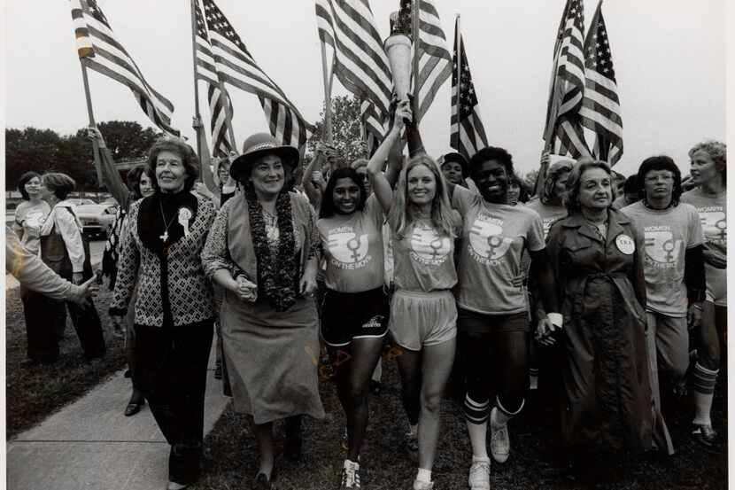 Bella Abzug (second from left), Betty Friedan (third from right) and Billie Jean King...