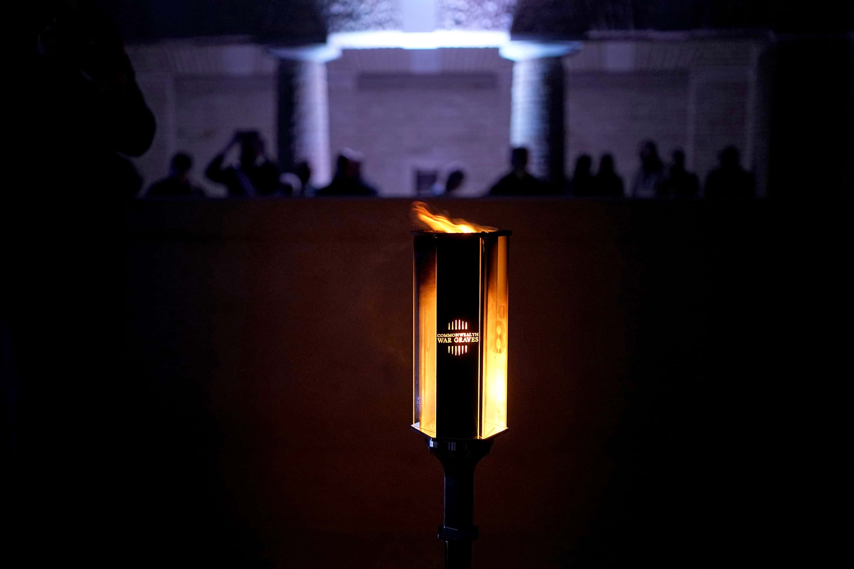A flame shines in the Commonwealth war cemetery of Banneville-La-Campagne, Normandy, France,...