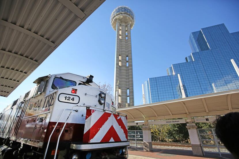 The Trinity Railway Express (TRE) is seen at Union Station in downtown Dallas on Thursday,...