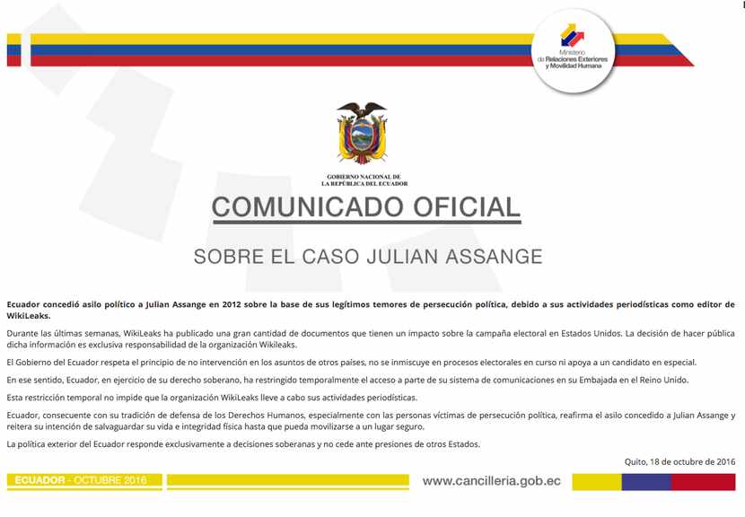 El comunicado de prensa del Ecuador. (FOTO DE PANTALLA)