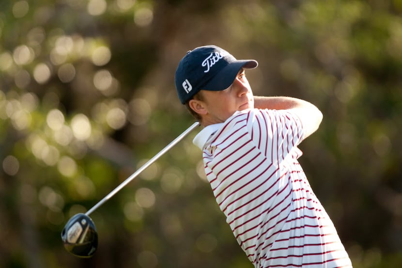 Jordan Spieth plays a tee shot during the first round of the 2012 Valero Texas Open at the...