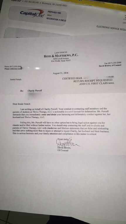 Jessi French received a "cease and desist" letter from a Fort Worth attorney demanding...