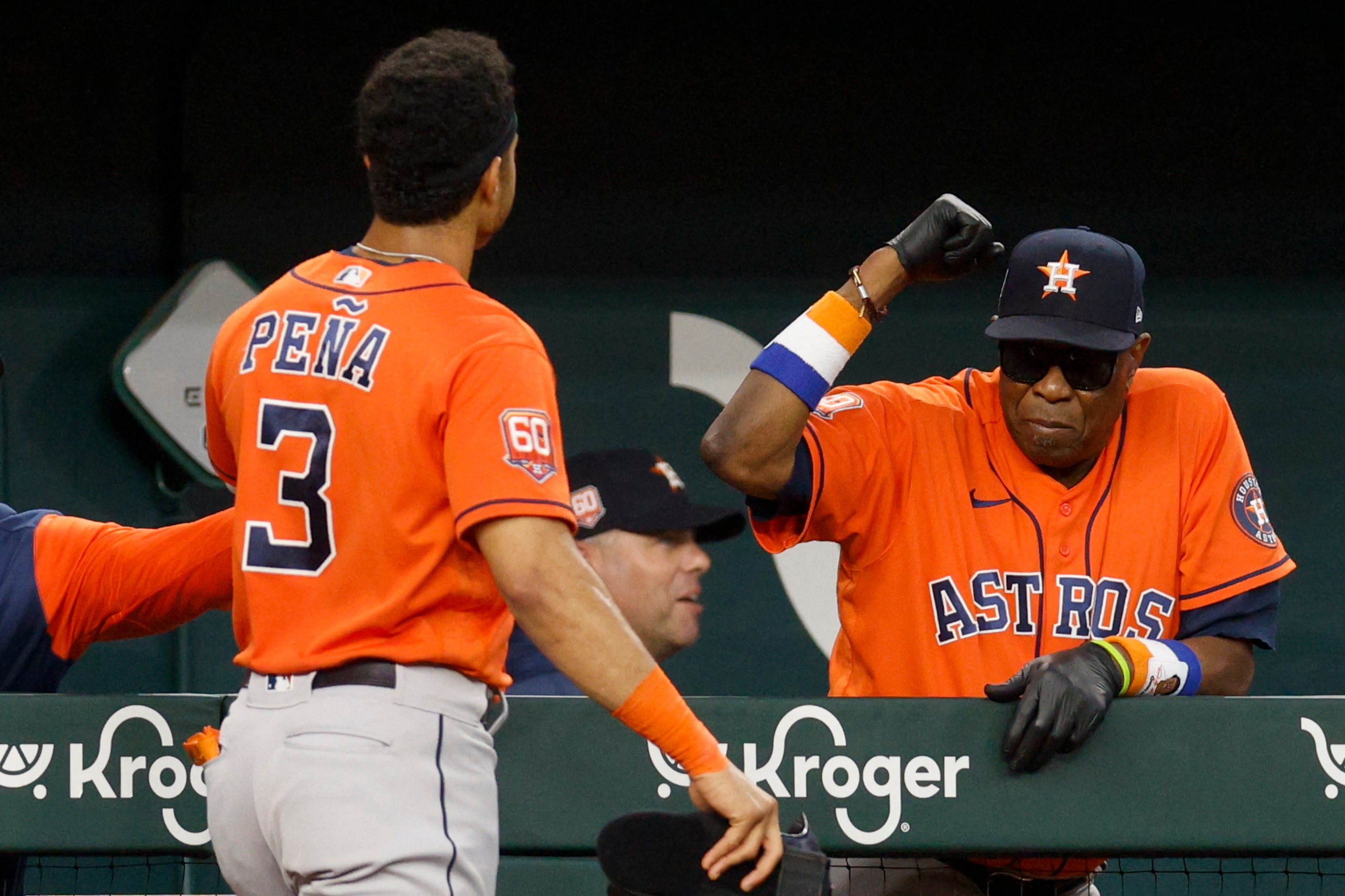 Houston Astros manager Dusty Baker Jr. (12) celebrates a run with Houston Astros shortstop...