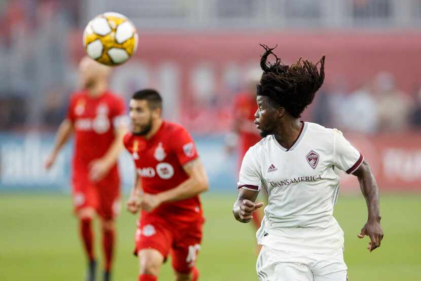 Colorado Rapids defender Lalas Abubakar (6) looks across the field as he chases down a ball...