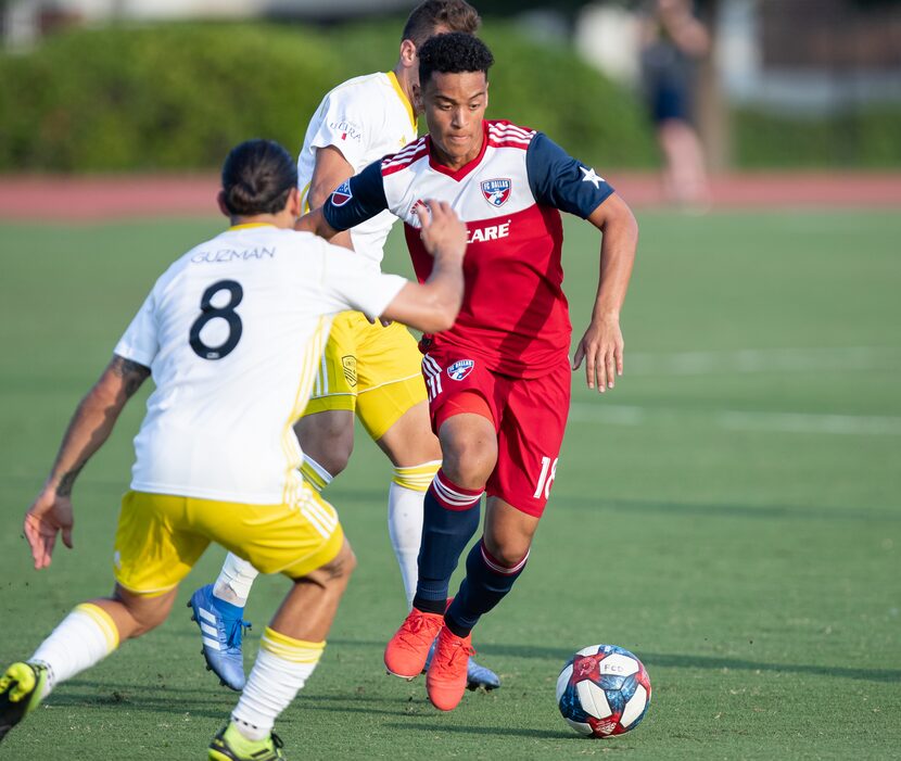 DALLAS, TX - JUNE 19: Brandon Servania dribbles during the Lamar Hunt U.S. Open Cup round of...