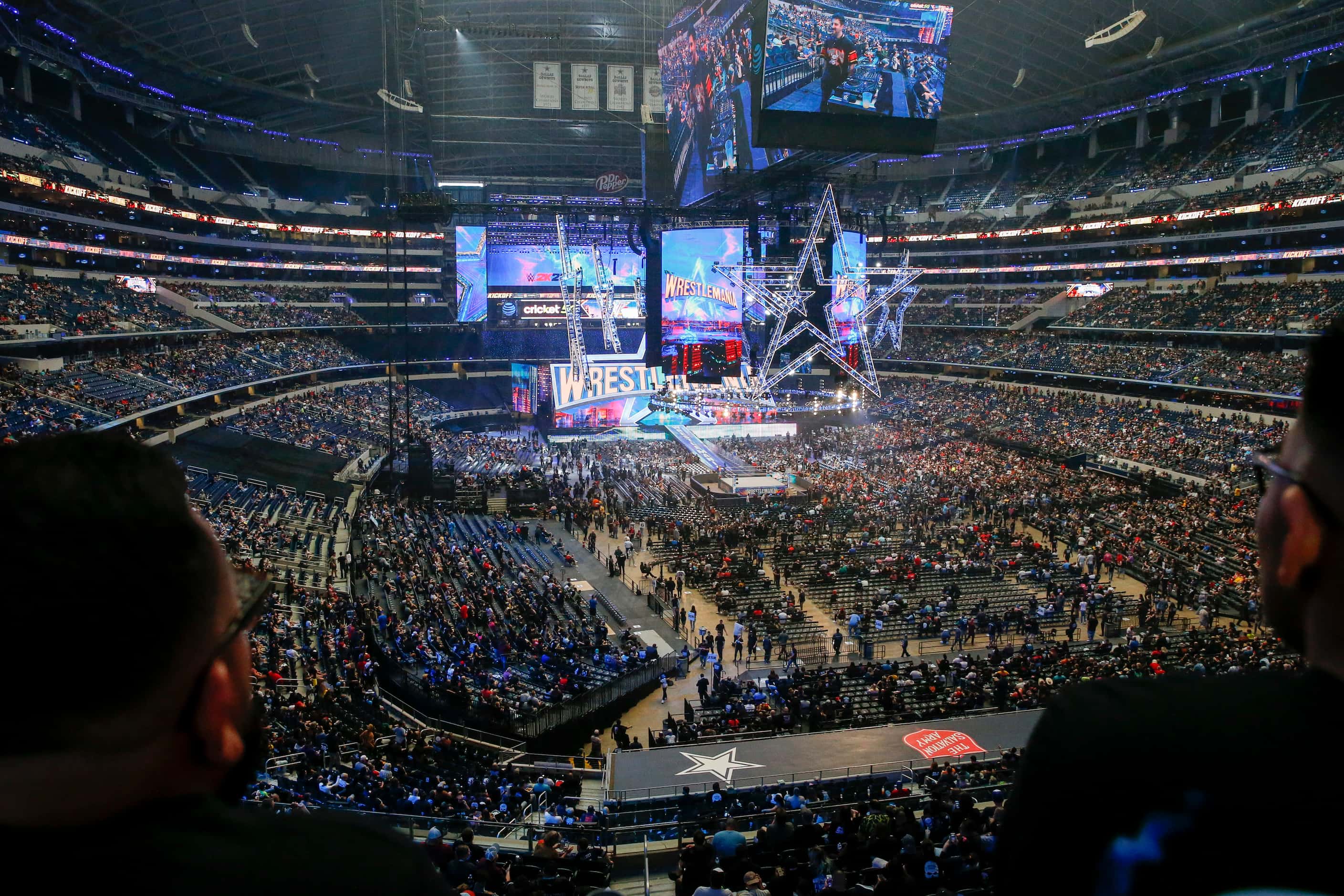 Fans overlook the ring before WrestleMania 38 at AT&T Stadium in Arlington, Texas, Saturday,...