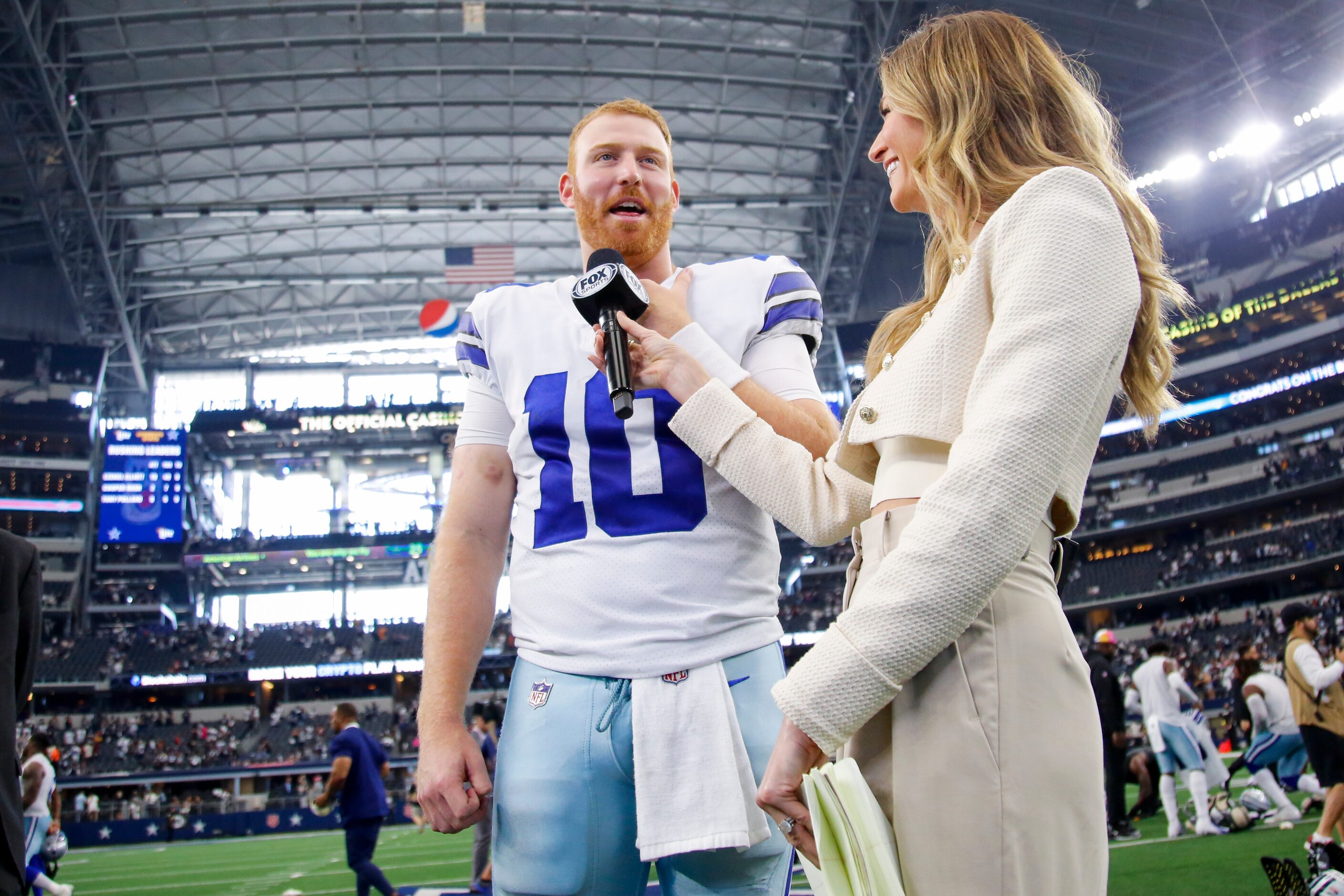 Dallas Cowboys quarterback Cooper Rush (10) talks to Fox Sports following the Washington...