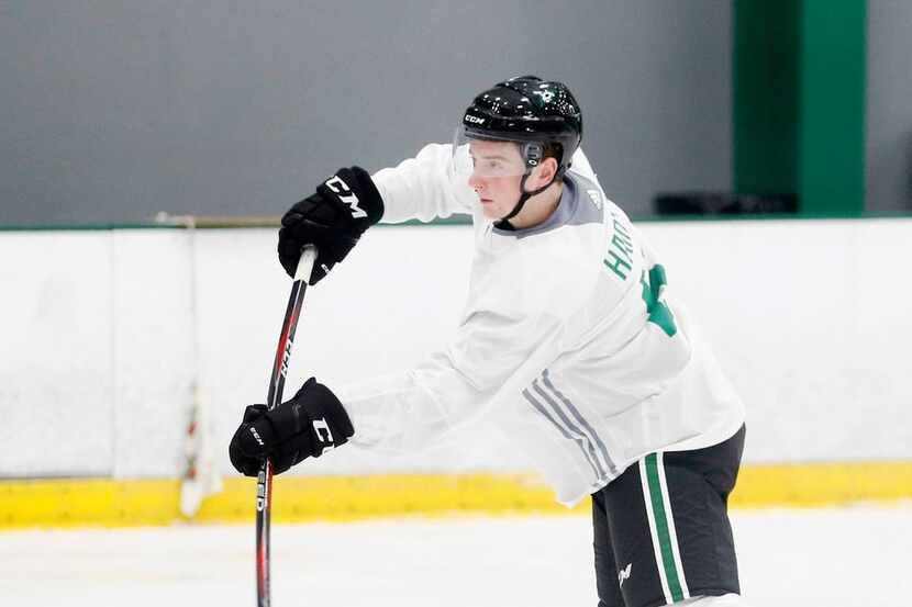 Dallas Stars Thomas Harley (5) attempts a shot on goal in a drill during the Dallas Stars...