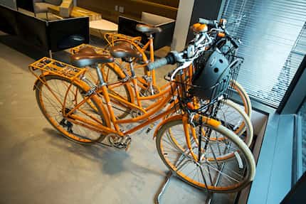 Bicycles available to employees sit in the front lobby of Jamba Juice's new corporate...