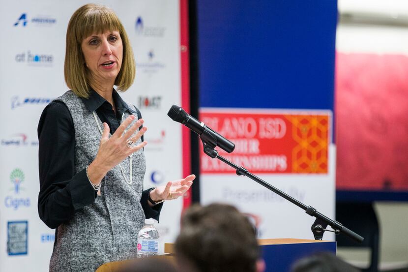 Plano ISD Interim Superintendent Sara Bonser speaks during a ceremony that kicked off the...