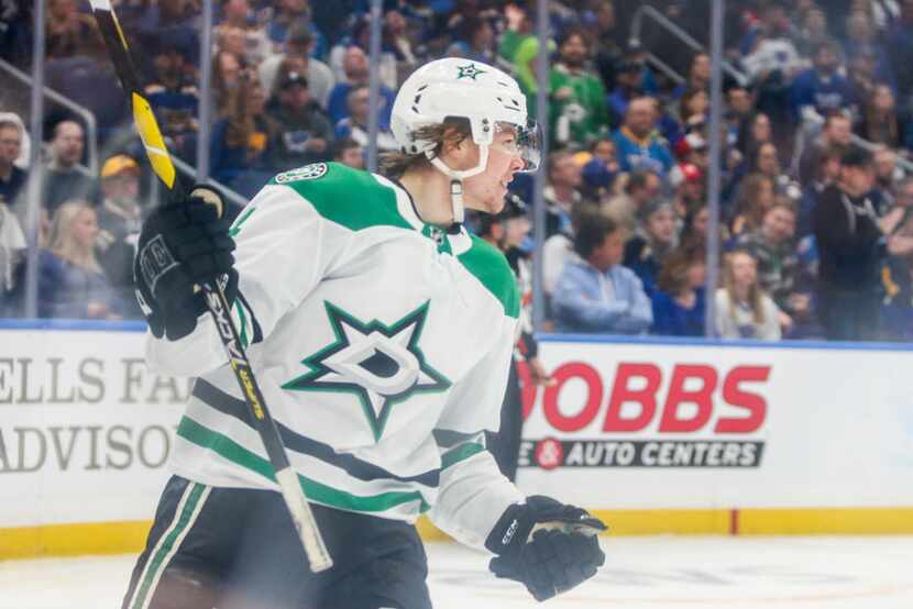 Dallas Stars defenseman Miro Heiskanen (4) celebrates after scoring on St. Louis Blues...