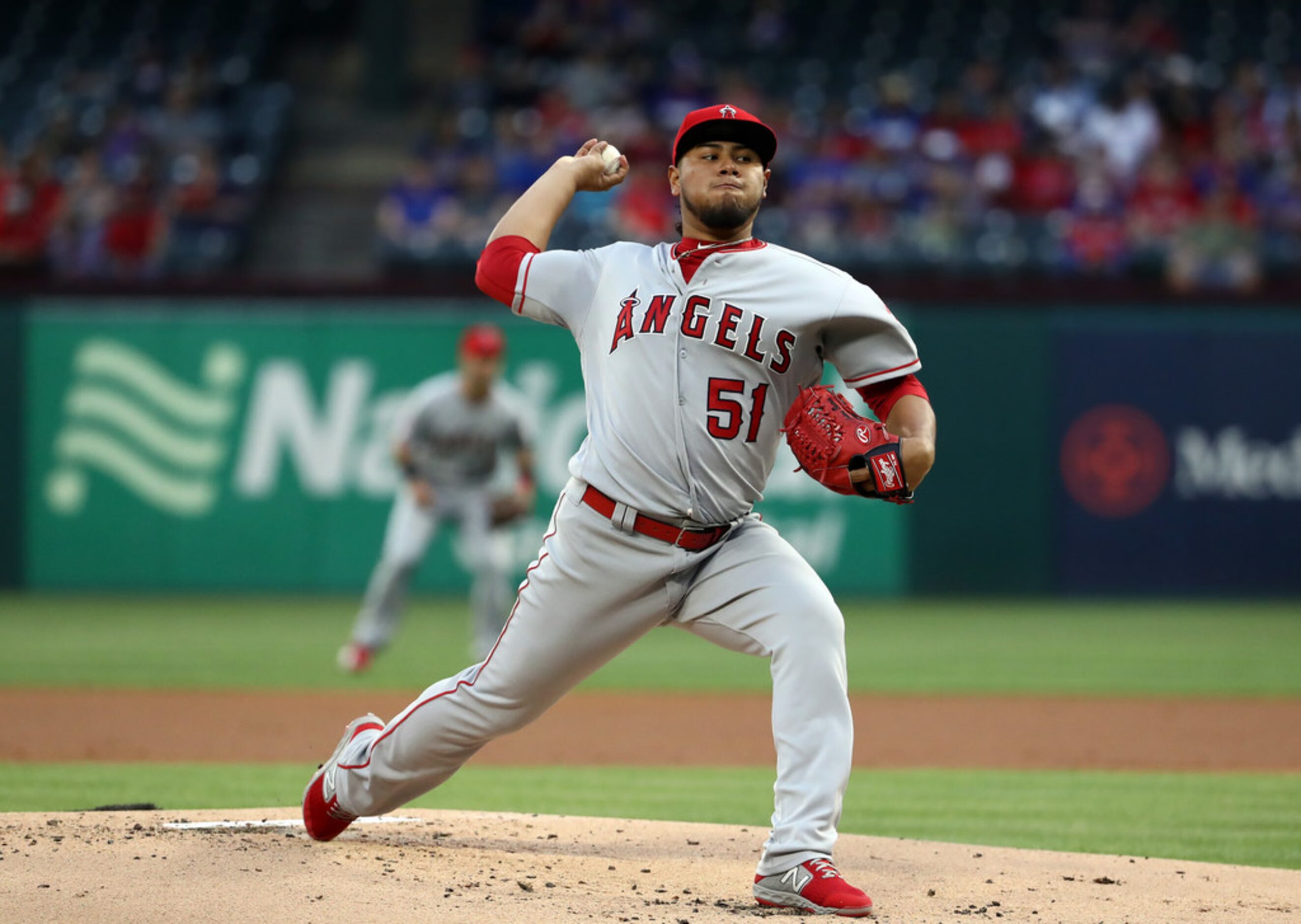 ARLINGTON, TEXAS - APRIL 16:  Jaime Barria #51 of the Los Angeles Angels throws against the...